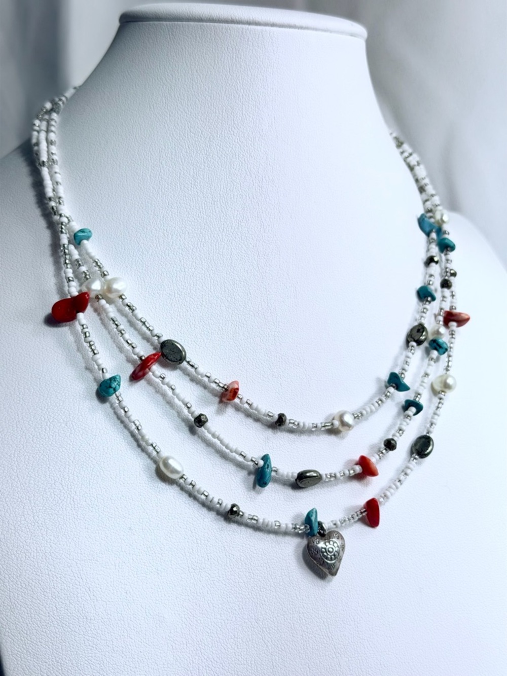 Peyote Bird Sterling Turquoise, Coral, Mixed Stones w/Seed Bead Heart Necklace